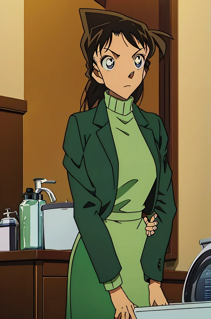 {{{Dylan}}},{{{ Detective Conan}}},{{{ long hair}}},{{{ official style}}},{{{adult}}},Green Dress,  one-piece dress  , turtleneck,  green mini skirt  ,{ light green cropped jacket },Green socks,,sink,laundry,kitchen,bringing upper body to the sink,open