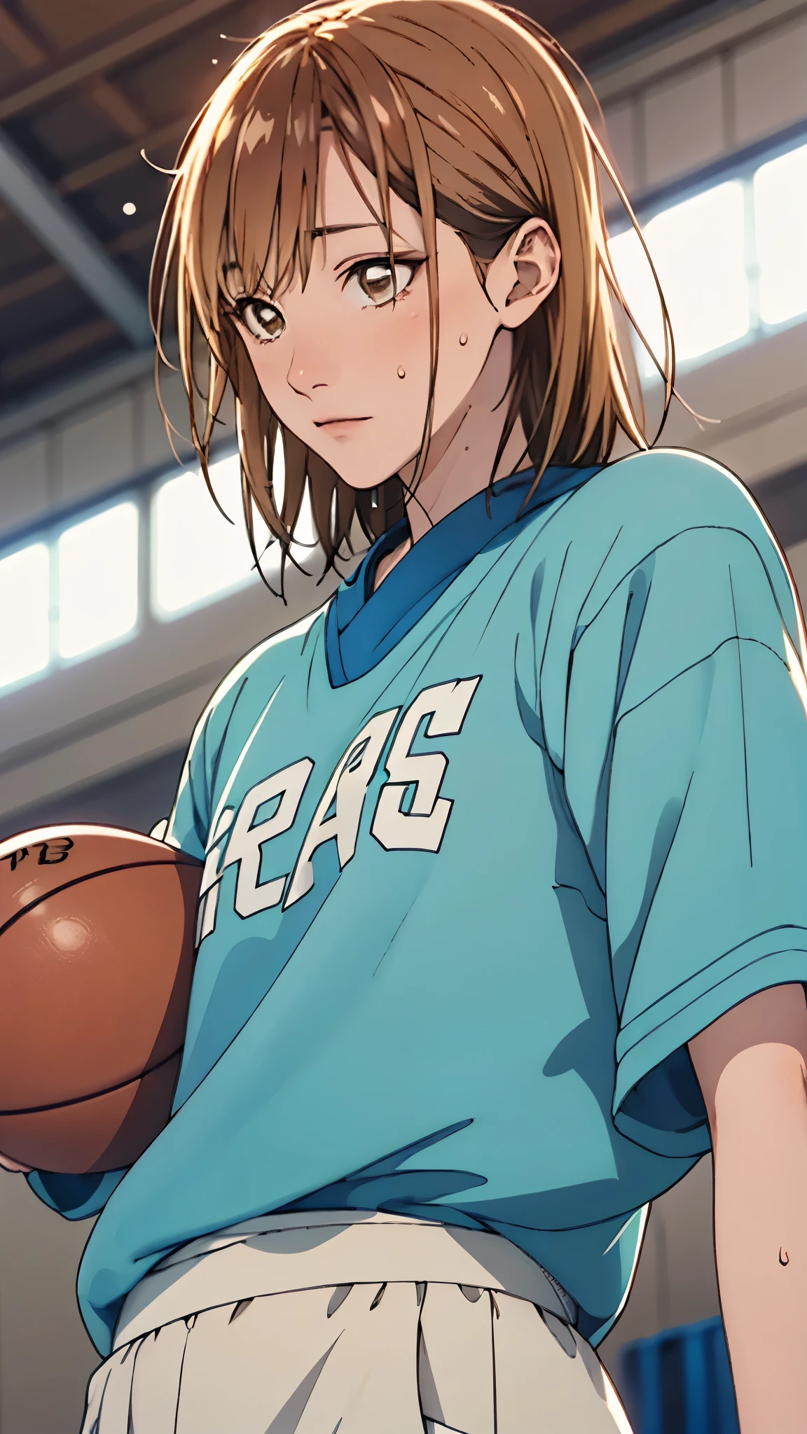 Kano Chinatsu 、 Basketball Uniform 、sweat、 serious expression、 upper body