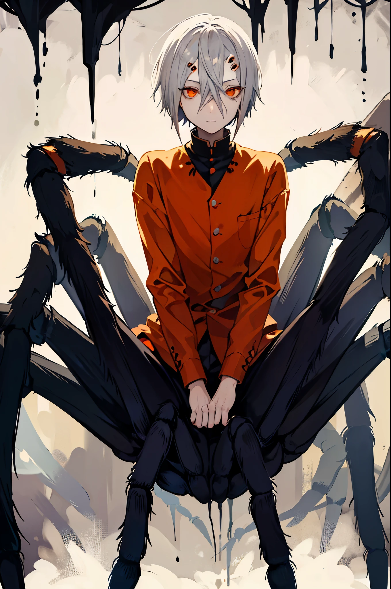 (arachne:1.3), arthropod limbs, 1boy, (adult male:1.2), bust, (solo), grey hair, short hair, hair between eyes, fair skin,white, morbid, solo, orange eyes, forest background