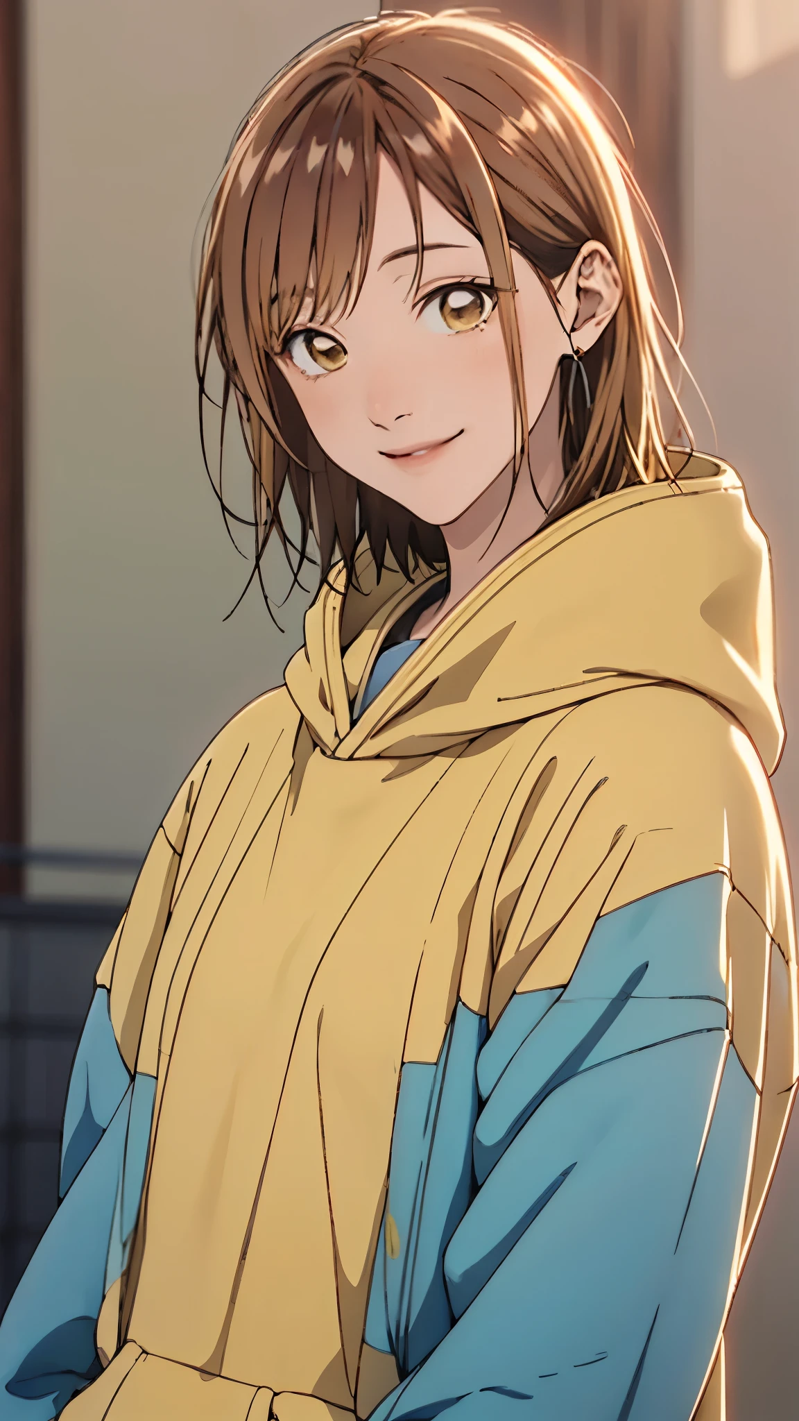 Kano Chinatsu 、 yellow hoodie、 gentle smile、 upper body