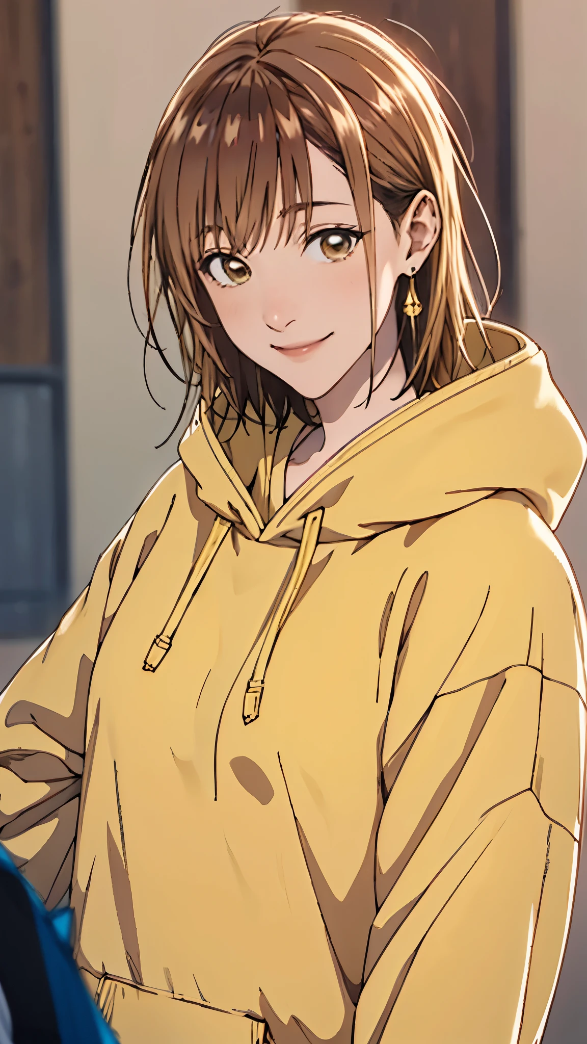 Kano Chinatsu 、 yellow hoodie、 gentle smile、 upper body