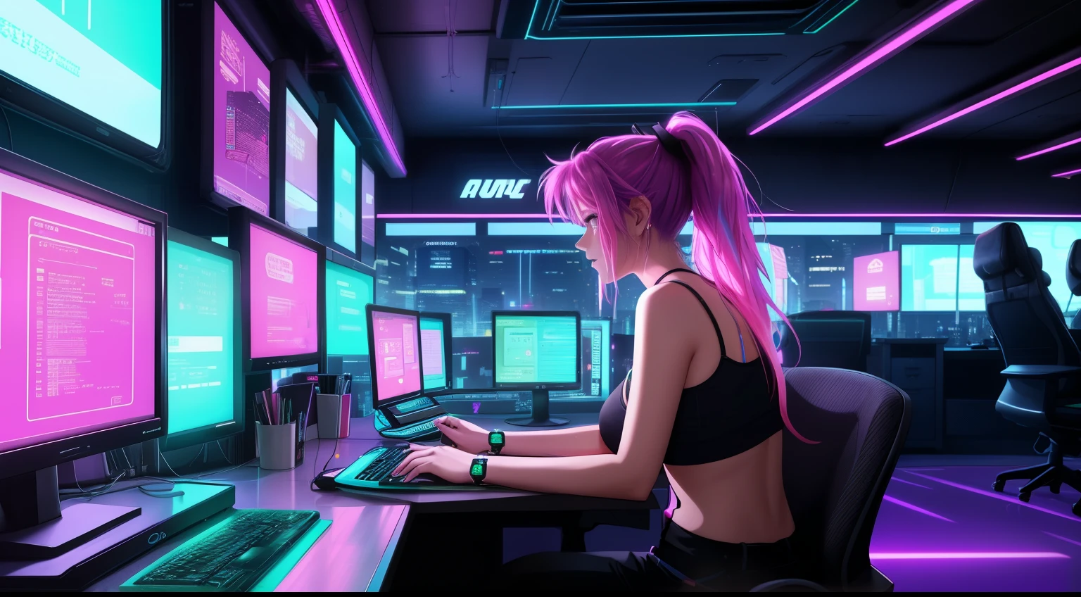 "A woman with green hair tied in a ponytail is sitting in front of a computer, her hands actively typing on the keyboard as she focuses intently on coding. She is wearing a pink tank top and black leggings, her posture relaxed yet engaged, reflecting her deep concentration. The desk holds a steaming cup of coffee, a pen holder, and neatly organized notebooks, while the computer screen emits a soft glow that highlights her determined expression. The background reveals a vibrant cyberpunk cityscape through a large window, with neon lights in shades of purple, blue, and pink illuminating towering skyscrapers adorned with holographic billboards and glowing advertisements. Flying vehicles streak across the sky, leaving shimmering trails of light. The room is bathed in a blend of the screen's glow and the neon ambiance outside, creating a futuristic, high-tech atmosphere. The sheer curtains sway gently from a cool breeze, adding a sense of motion to the serene yet dynamic scene."