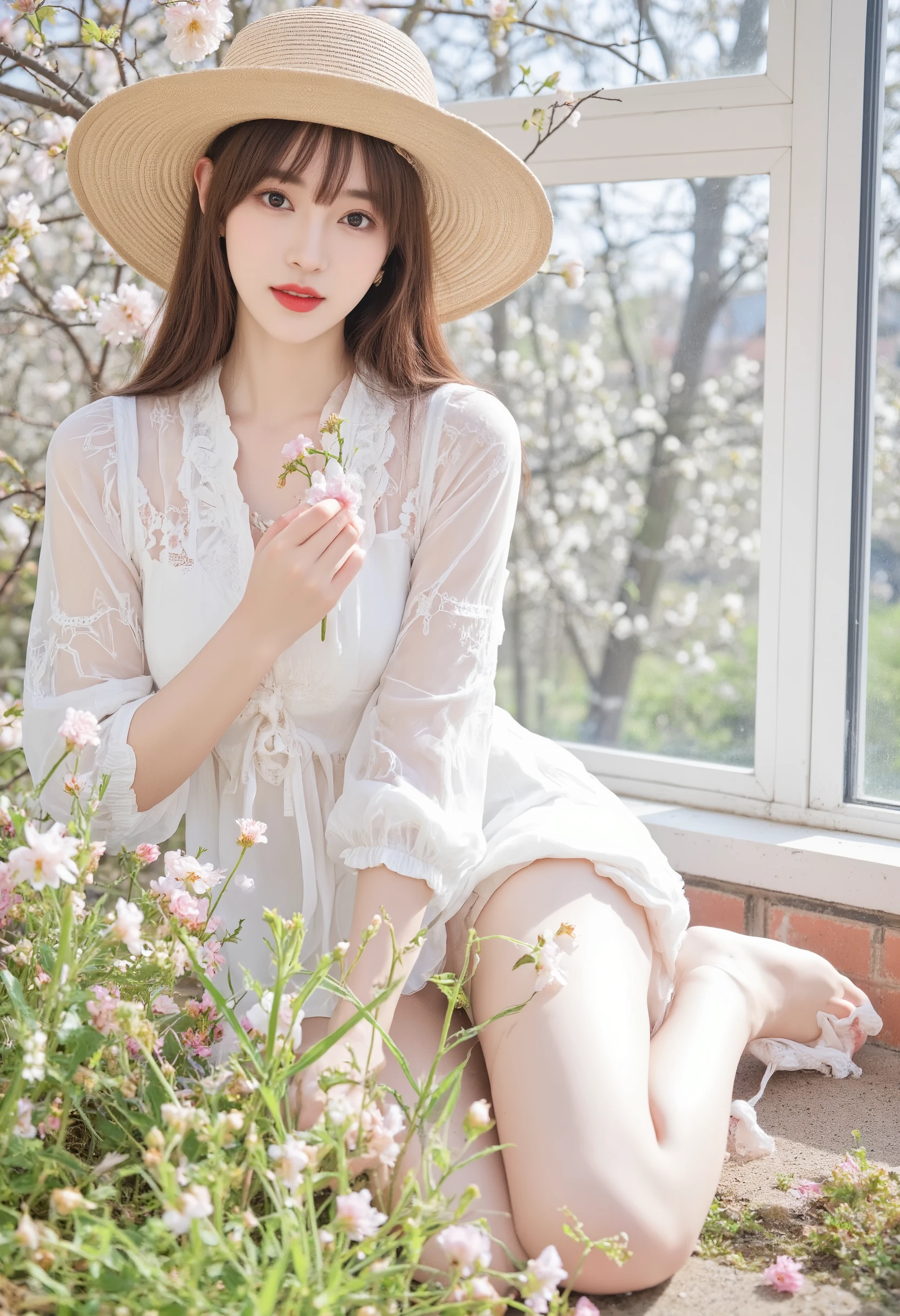 Spring, warm spring sun, natural portrait, a woman wearing red lipstick squatting, Chinese style portrait, a woman wearing a hat and dress holding a flower, three-dimensional portrait, a woman wearing a white dress sitting on the windowsill,