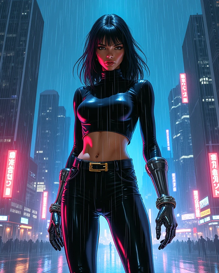 Photorealistic Image of Gorgeous 26 Years Old woman with Athletic Body, (Short Black Hair), (Yellow colored irises), (One Person), (Black Leather Jacket, Strapless Black Tube-Top, Black Tight Pants and White Belt:1.4), (Tan bronze Skin:1.4), (Detailed Shiny Appearance:1.4), (Snarky Expression), Deep Cleavage, (Midriff), (Dynamic Pose:1.4), (Empty City at Night:1.4), Centered, (Full Body Shot), (From Front Shot), Insane Details, Intricate Face Detail, Intricate Hand Details, Cinematic Shot and Lighting, Realistic Colors, Masterpiece, Sharp Focus, Ultra Detailed, Taken with DSLR camera, Realistic Photography, Depth of Field, Incredibly Realistic Environment and Scene, Master Composition and Cinematography
