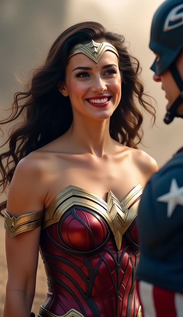 Realistic image of Wonder Woman with a pleasure excited face leaning forward. In the background, Superman standing behind Wonder Woman holding her arms tightly, preventing him from going out on a picnic.