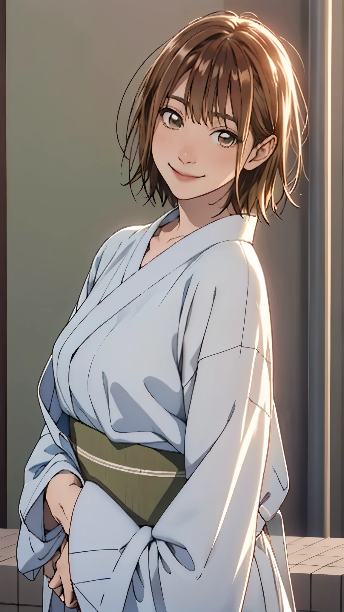 Kano Chinatsu 、 white yukata、 gentle smile、 upper body