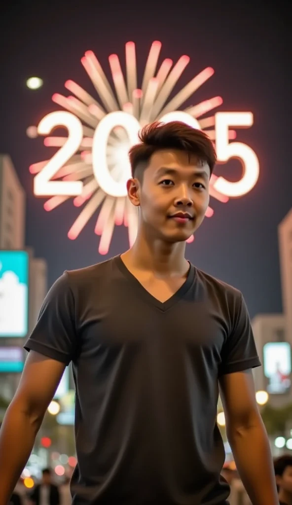 Fireworks happy new year 2025 night sky, realistic, perfect face, Lasisan, a man with tshirt, Walking Street Nguyen Hue, Ho Chi Minh City, background words "HAPPY NEW YEAR 2025"