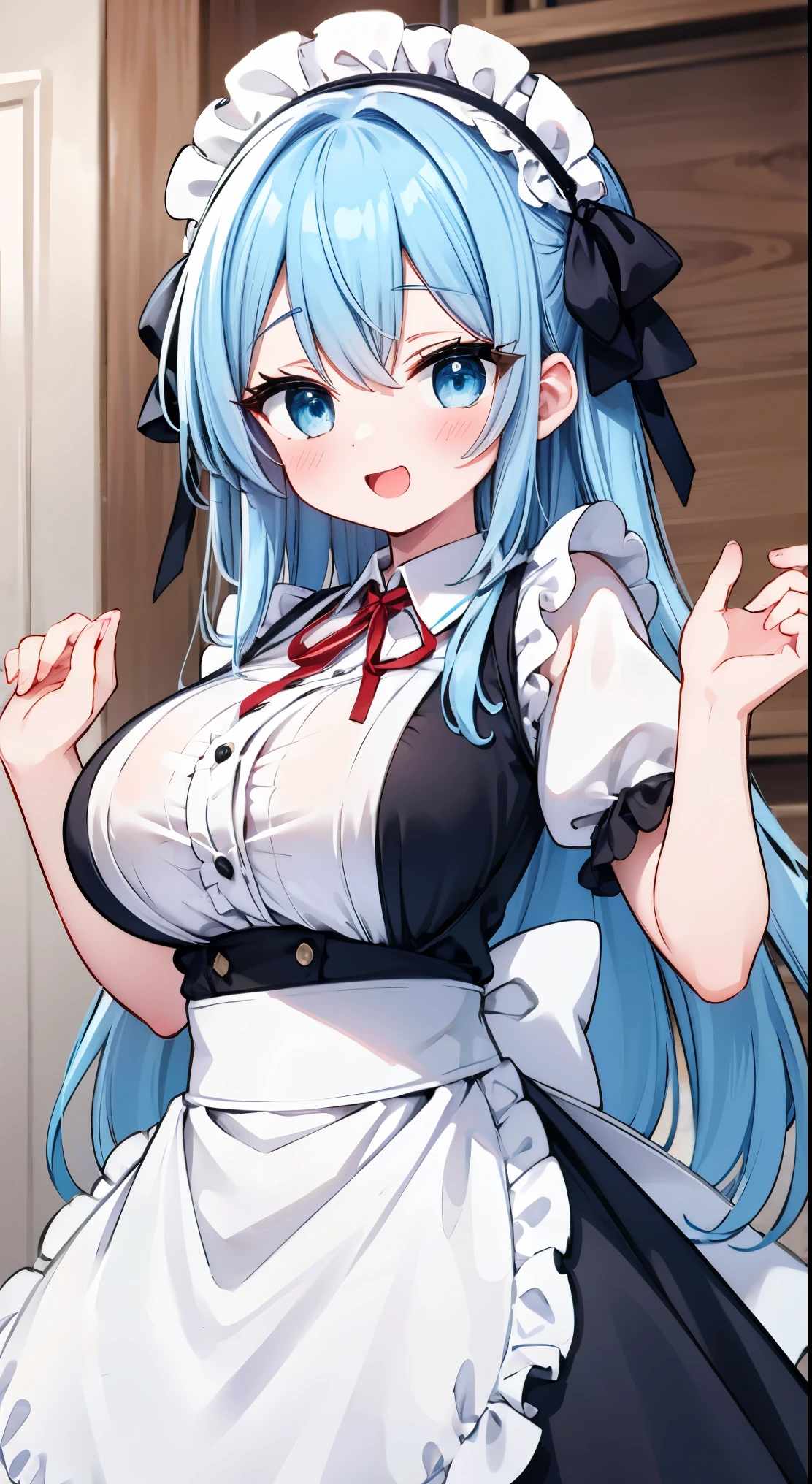  top quality , masterpiece, Blue Hair,   long hair,   blue eyes, hair bow,   headband,   red ribbon  , ruffle dress,   black dress,   puff sleeve, Maid, Black Ribbon,    neck ribbon ,   white shirt, button ギャップ, button,    Make Your Breasts Bigger  ,   Suspenders,   white apron,   Waist Apron  , Doll Joint, Big Breasts,   short stack  ,   happy  , smile,   open your mouth , incoming hug, score_9, score_8_   up, score_7_   up,   embarrassing, shy, Embarrassed