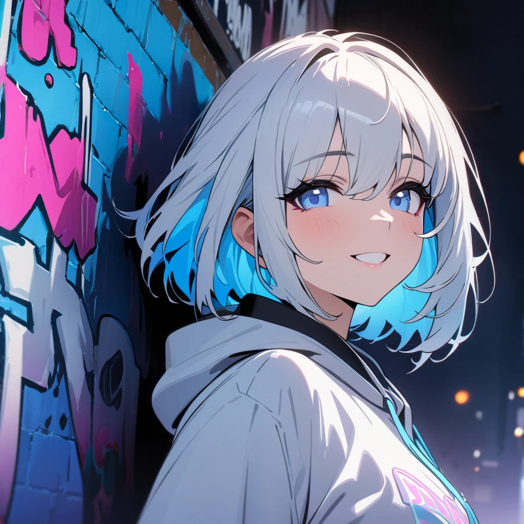 masterpiece,   top quality , 8k,  detailed background , masterpiece,   top quality , smile,  t 私 ,   hoodie,  portrait,  neon blue,  graffiti,  dark,   knight , 輝く瞳,   black light,Shen He