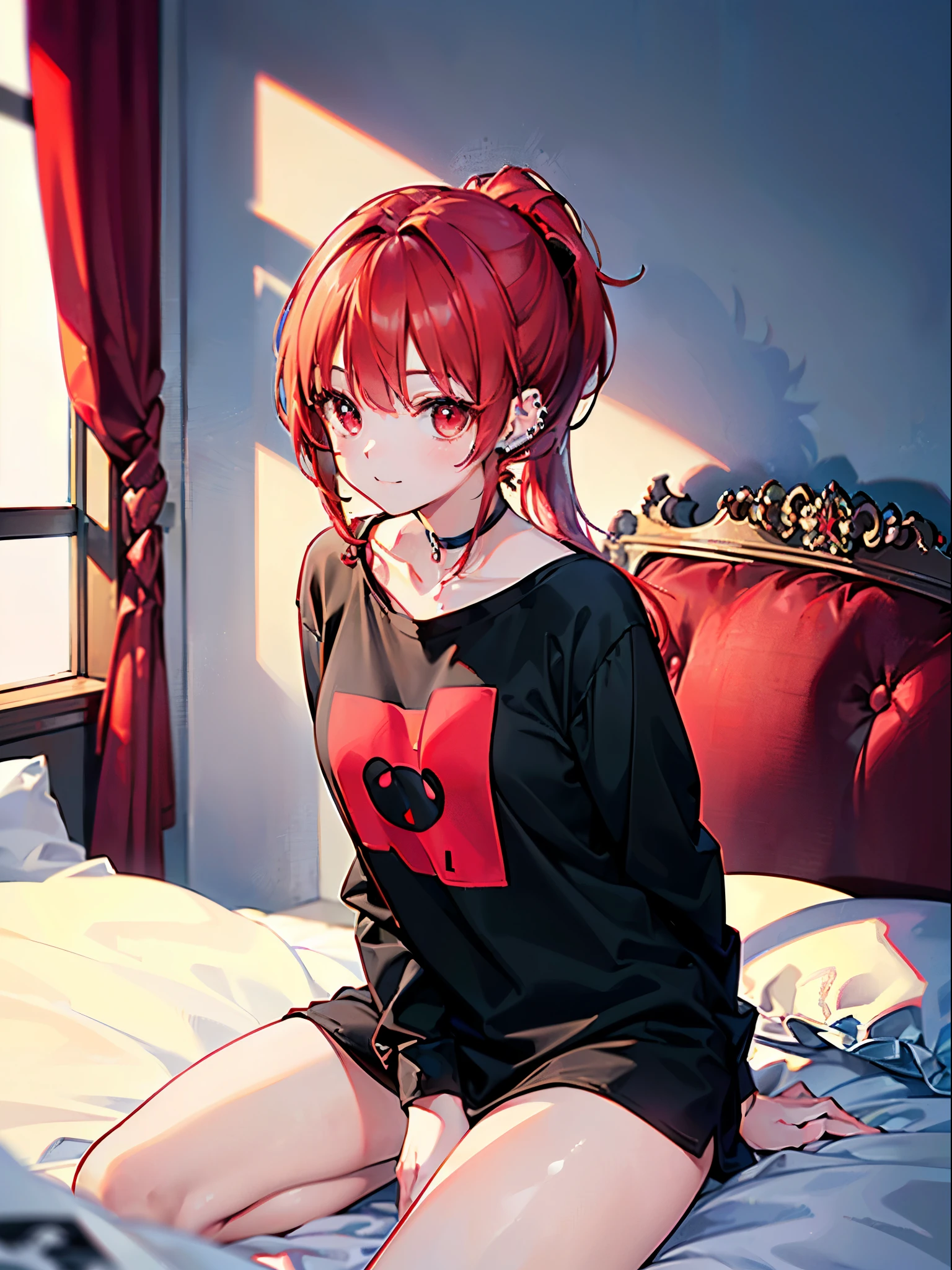 Realistic,highest quality, Ultra Detail, High-quality CG rendering, The most delicate and beautiful, Floating softly, High resolution, (1 girl), (Highest quality,4K,8K,masterpiece:1.2),(All red hair:1.5), (Medium Hair:1.5),(Red eyes:1.5),(Slightly larger breasts:1.5),(Black oversized long sleeve t-shirt:1.3),(Piercing in left ear:1.3),Inside the room,smile,bed,bedに座る