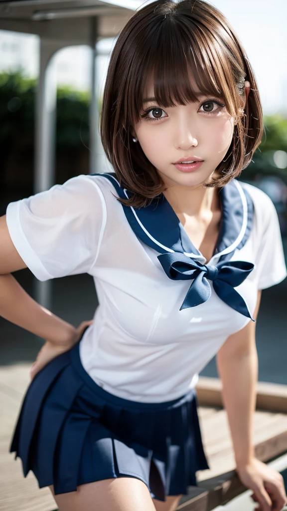 (((Best Quality, masutepiece, Anatomically correct, Super Detail, 8K))), ((Photoreal:1.2, Photoreality:1.2、canon, F/1.2, 135 mm, light light on the face:1.5, Japanese Gravure、beautfull Japanease woman、22year old:1.5, Shortcut Hair, Cute woman with short hair hanging over her ears, light brown hair)), (Blue eyes), (((High School Girl Cosplay:1.3, sailor collared school uniform:1.4, clothed, skirt lift:1.4))), ((1girl:1.3, cowboy shot, look up at the crotch below:1.5, panty shot:1.3, Panchira:1.3)),