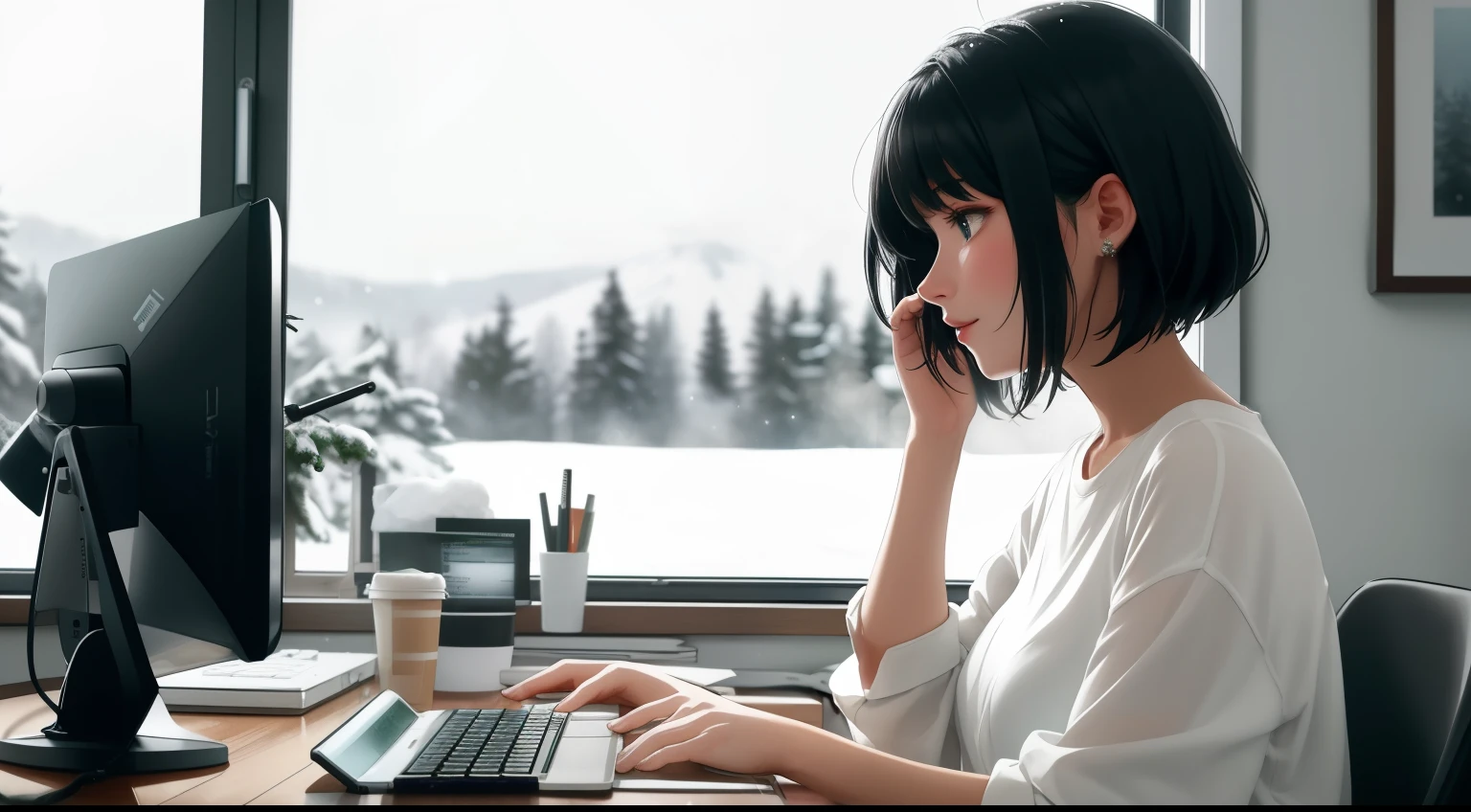 "A woman with short ombre hair transitioning from green to white sits at her desk, her hands actively typing on the keyboard as she focuses intently on the glowing computer screen. She is wearing a simple white round-neck shirt and black shorts, blending casual comfort with focus. The room is dimly lit by the soft light of the computer screen, and the desk is slightly cluttered with coding-related items, including a steaming cup of coffee. Outside the large window, snow gently falls, blanketing the landscape in white. The bright full moon and twinkling stars illuminate the serene winter night, while frost decorates the edges of the windowpane. The scene beautifully contrasts the warmth of her indoor workspace with the cold, tranquil beauty of the snowy night outside."