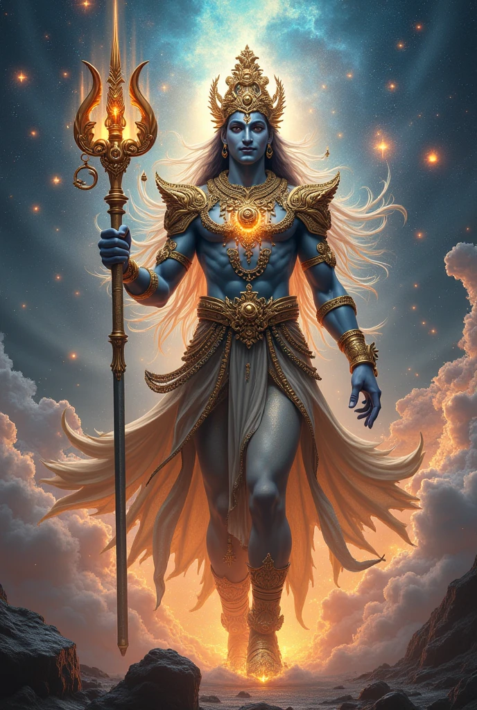 Create a detailed digital artwork featuring a majestic, glowing deity with blue skin and long white flowing hair. The deity is adorned with intricate jewelry and a crown, holding a large ornate staff. He is wearing a red cloth around his waist, and his body is illuminated with sparkles. The scene is set in a field of glowing flowers under a starry night sky with a crescent moon. The deity has a powerful and serene presence, with a tail visible behind him. The background includes distant mountains and a glowing horizon.