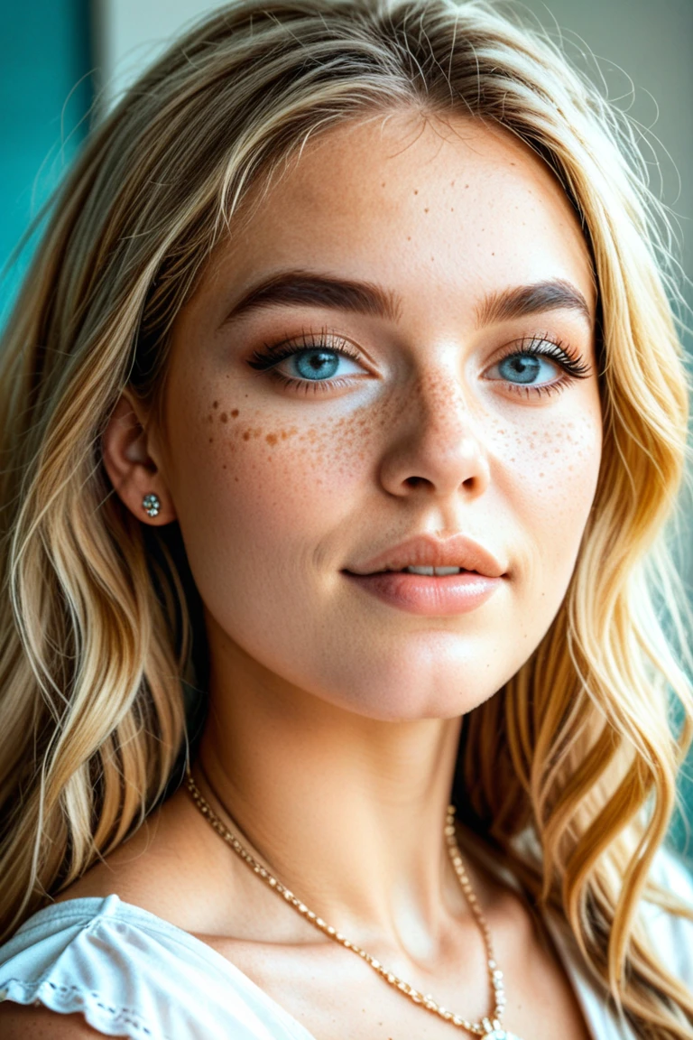 realistic portrait photo of beautiful woman with blonde hair, hair roots slightly faded, spanish, influencer, light freckles, light blue eyes, no makeup, instagram