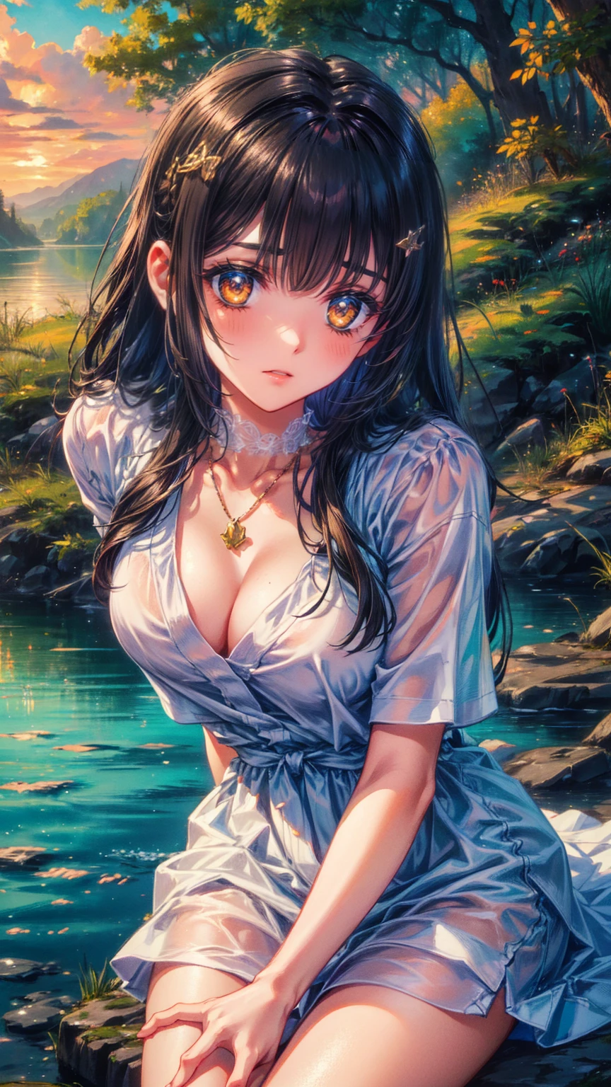 masterpiece, Super detailed, Highest quality, Very detailed, 4K, 8K, Ultra-high resolution, Photorealistic, One girl, 17yo, beautiful girl, Detailed face, Face Focus, Clear beauty, Cute eyes, Deep and detailed, Focus your eyes, (Beautiful reflective, shiny light blue eyes), (Half closed eyes), (Watery eyes), Charming smile, Detailed lips, Part your lips, (Pretty lips:1.3), (blush:1.2), Shiny black hair, Blunt bangs, High Ponytail, Long straight floating hair, French maid, Maid clothes, Maid's Headdress, (Huge breasts),
break, (Open shirt:1.4), (S&M color:1.3), whole body, Shoot from the front, View your viewers, Walking in the forest,