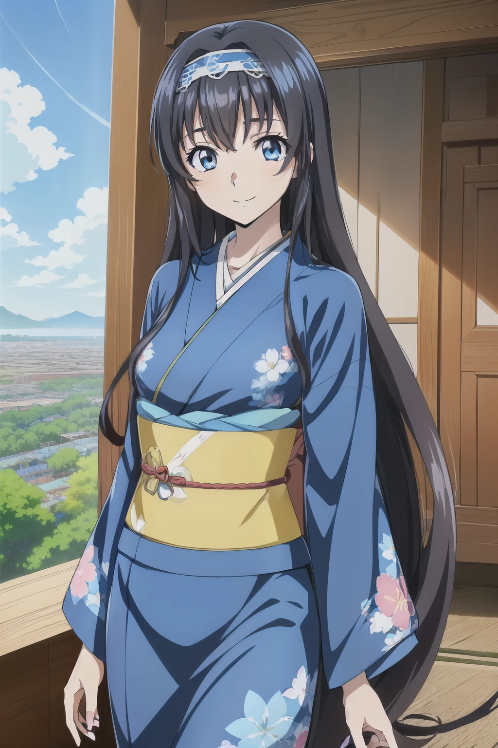 1 girl, cute, black hair, long hair,1girl, ((sky blue kimono)), ((floral print)), long sleeves, smile, hair band,  (anime cels style, Masterpiece, best quality, high resolution, anime colored, anime style, anime sharp, 8k), (beautiful blue eyes:1.5), (perfect detailed anatomy,  beautiful face, perfect body, shiny skin), at shinto shrine