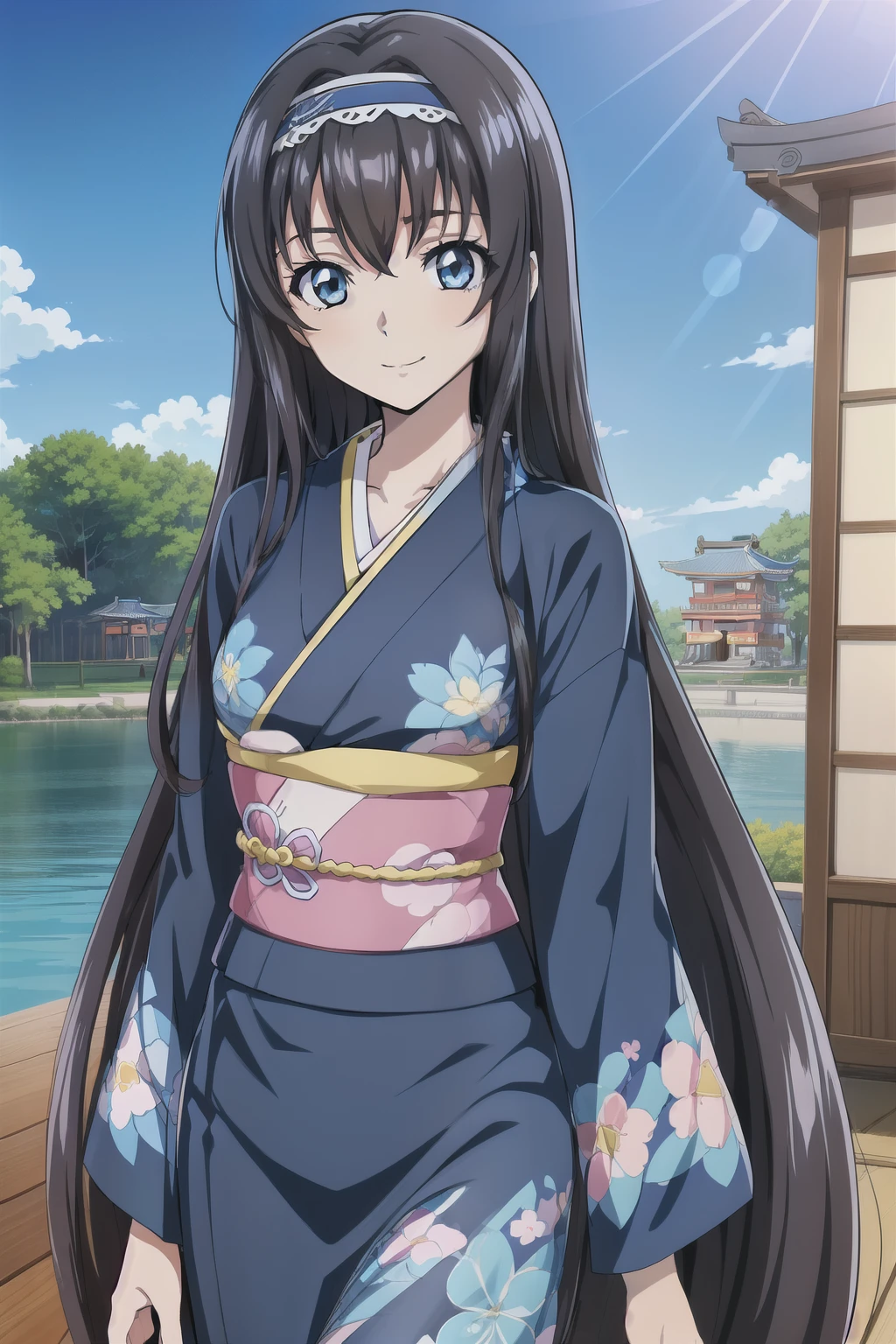 1 girl, cute, black hair, long hair,1girl, ((sky blue kimono)), ((floral print)), long sleeves, smile, hair band,  (anime cels style, Masterpiece, best quality, high resolution, anime colored, anime style, anime sharp, 8k), (beautiful blue eyes:1.5), (perfect detailed anatomy,  beautiful face, perfect body, shiny skin), at shinto shrine