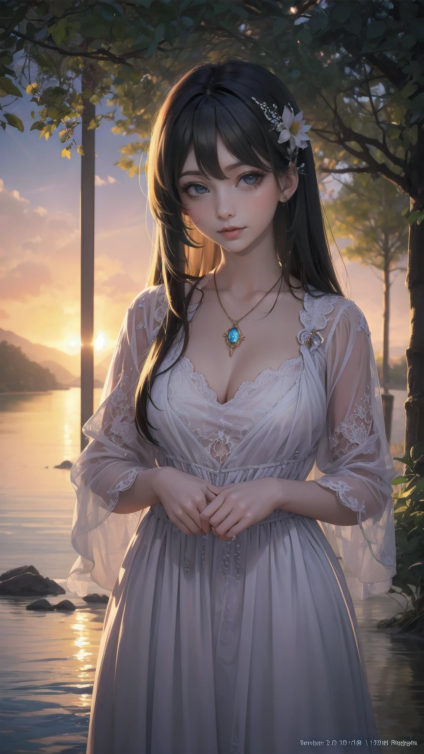 (  girl ),(  very detailed目,  very detailed顔), ( realisticにสุดๆ,  high res ), (  top quality :1.4), (  top quality ), 5, Midea, 1人の girl ,score_9, score_8_ up, score_7_ up, score_6_ up, score_5_ up, score_4_ up,  real skin texture deep into the night,  RAW photos , ( realisticに,  realistic:1.37),  very detailed,  Pro Pictures , (masterpiece:1.3,  top quality ,  ultra high resolution ,  ultra More), ( realistic, photo realistic:1.4),  beautiful illustrations ,  perfect lighting,  natural light,  depth of field , beautiful detailed hair,  beautiful detailed face , beautiful detailed eyes,  beautiful collarbone,  beautiful body ,  beautiful breasts ,  beautiful thighs ,  beautiful legs,  look under my beautiful fingers ,  viewers、  shiny hair,  longhair , (  beautiful brown eyes、)、smile、  super detailed  な目、(( hair clip)), Very elaborate face ,  High Detail Eye , cowboy shot,、( 一人の girl  )、 , masterpiece, top quality , high res, masterpiece ,  girl 1人, Calm expression, Captivating eyes ,  long straight hair  ,  Relaxed Dress ,  Calm Posture  ,  porcelain-like skin, A faint blush, crystal pendant golden hour, (  rimlight):1.2, Warm tones, Solar flare, Soft Shadows,  bright color, painterly effect  ,  dreamy atmosphere BREAK beautiful lake  , Scenery I saw with you  々, Willow Tree, Calm water, reflection,  clouds illuminated by the sun  ,  quiet atmosphere ,  Beautiful Sunset  ,  super detailed  ,  Official Art, unity 8k wallpaper , [ "Intertwined, Mandala
