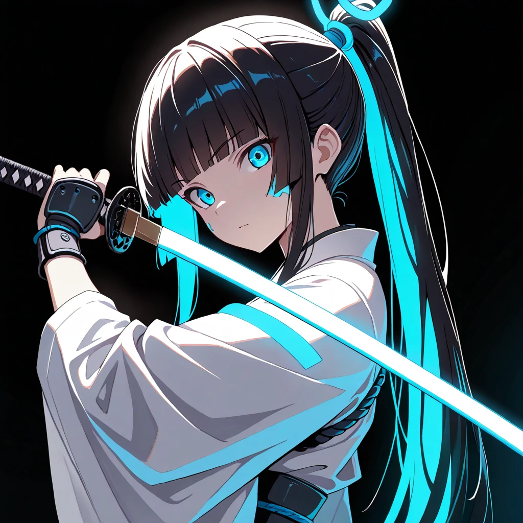 masterpiece,  top quality ,   great quality,  character focus,  minimalist,  Side Angle ,  upper body, hime cut,  long ponytail hair near a Japanese temple, cybernetic ,  female samurai, I have Katana, pose, dynamic angle ,  focus on face ,  watching viewers, Backlight,  one side light ,round background ,   with blue neon light,  black background