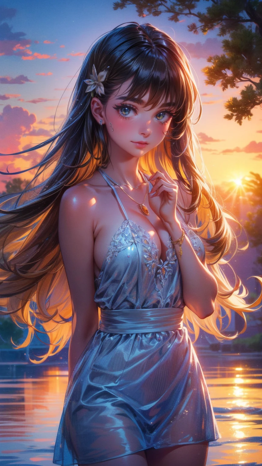 (  girl ),(  very detailed目,  very detailed顔), ( realisticにสุดๆ,  high res ), (  top quality :1.4), (  top quality ), 5, Midea, 1人の girl ,score_9, score_8_ up, score_7_ up, score_6_ up, score_5_ up, score_4_ up,  real skin texture deep into the night,  RAW photos , ( realisticに,  realistic:1.37),  very detailed,  Pro Pictures , (masterpiece:1.3,  top quality ,  ultra high resolution ,  ultra More), ( realistic, photo realistic:1.4),  beautiful illustrations ,  perfect lighting,  natural light,  depth of field , beautiful detailed hair,  beautiful detailed face , beautiful detailed eyes,  beautiful collarbone,  beautiful body ,  beautiful breasts ,  beautiful thighs ,  beautiful legs,  look under my beautiful fingers ,  viewers、  shiny hair,  longhair , (  beautiful brown eyes、)、smile、  super detailed  な目、(( hair clip)), Very elaborate face ,  High Detail Eye , cowboy shot,、( 一人の girl  )、 , masterpiece, top quality , high res, masterpiece ,  girl 1人, Calm expression, Captivating eyes ,  long straight hair  ,  Relaxed Dress ,  Calm Posture  ,  porcelain-like skin, A faint blush, crystal pendant golden hour, (  rimlight):1.2, Warm tones, Solar flare, Soft Shadows,  bright color, painterly effect  ,  dreamy atmosphere BREAK beautiful lake  , Scenery I saw with you  々, Willow Tree, Calm water, reflection,  clouds illuminated by the sun  ,  quiet atmosphere ,  Beautiful Sunset  ,  super detailed  ,  Official Art, unity 8k wallpaper , [ "Intertwined, Mandala
