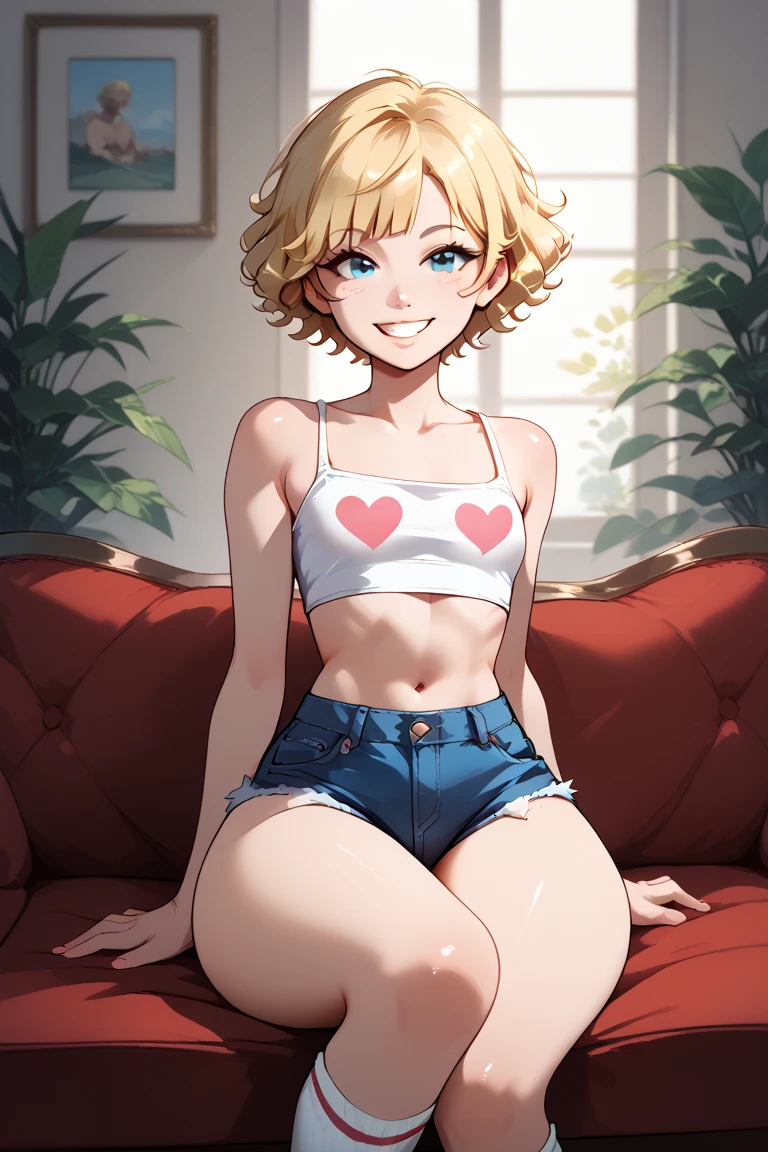 SOLO BOY. A normal human looking female boy, short blonde hair, blonde boy, curly hair boy, perfect human nose, fair skin, breastless chest, wide waist and ass, thick thighs, white 7x8 socks, mini jean shorts, white crop top, sexy smile. Boy using both hands to make a heart. boy sitting on sofa.