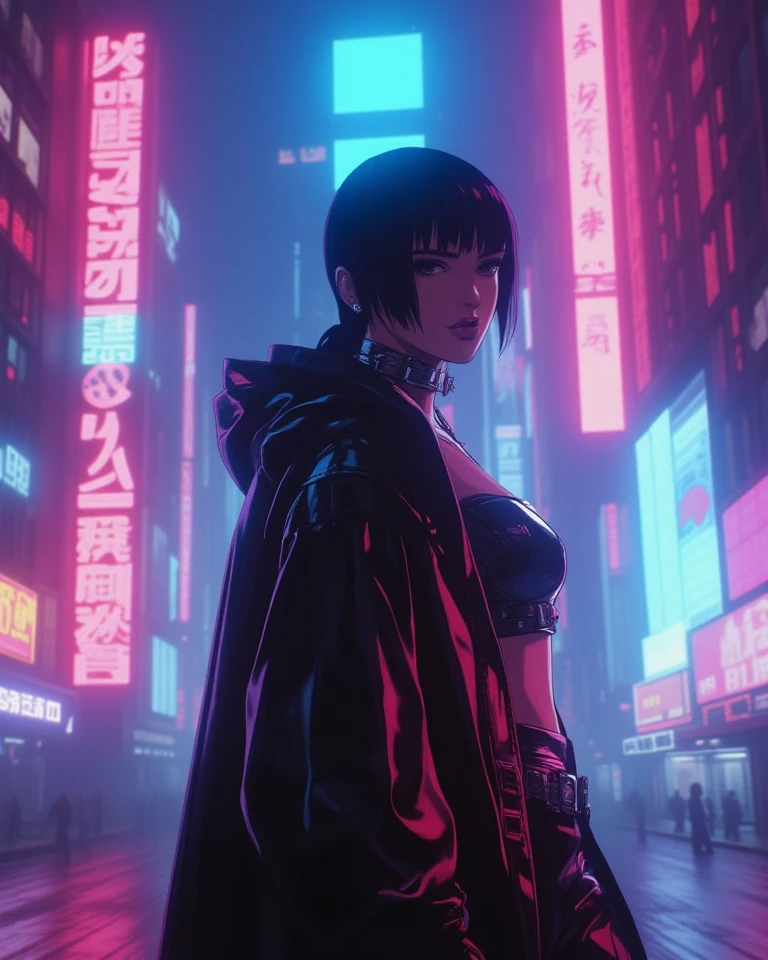 "Dystopian Neon Vigilante": A cinematic shot of a cyberpunk woman with a mix of gleaming chrome and smooth, human skin. She stands heroically in a sprawling urban setting drenched in 80s retro-futuristic neon lights and halftone billboards. Her outfit is edgy, contrasting with the vibrant electric hues of the dystopian skyline.