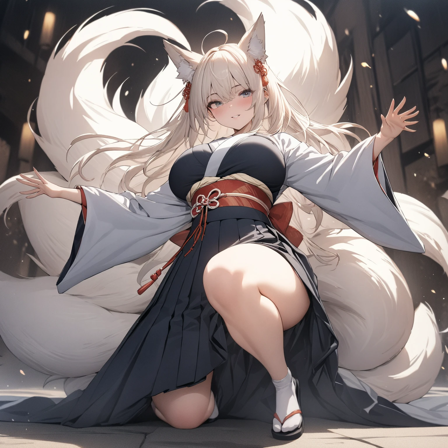 A small, feline-like girl, with pale skin, long white hair, a friendly face, gray eyes, a fluffy, furry tail with black spots.
