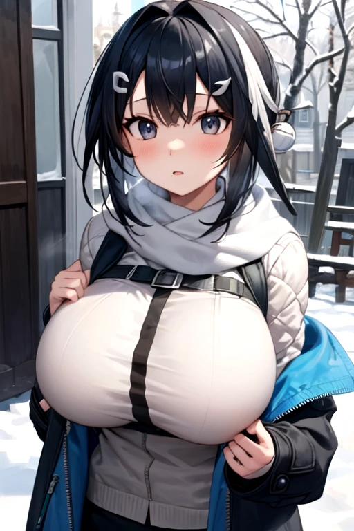 best quality, ultra high resolution, a cute and beautiful girl，(huge breasts)， blush， cute，lapluma , black hair, short hair, ahoge, hairclip, sidelocks, hair intakes, feather hair, hair clip, wing hair ornament, single hair bun, black eyes,  ( up close)，(Shy)，Multiple shadows ，perfectly round breasts，(outdoor)，(Snowy Day:1.2)，(scarf)，(coat:1.3)，(Quilted jacket:1.2)，