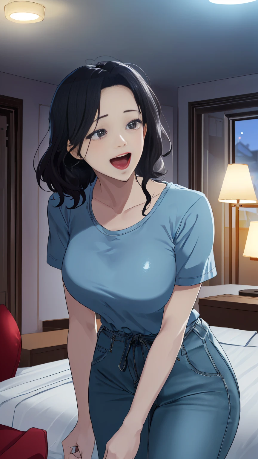 20 years old,1 girl, extremely thick thighs, hyperrealistic, 8k, (extremely detailed 8k), (very delicate and beautiful), (masterpiece), (better quality:1.0), (ultra high resolution:1.0), (masterpiece, best quality), cute,black hair,laugh with open mouth,gleaming skin,, short sleeve shirt,short denim pants,leaning forward,upper body,from the front,looking back、 large white mask、latex white rubber gloves 、Put on an apron、

 detailed background 、Elaborate Background,  aerial perspective , Reality,  super detailed , 


(night:1.8, Desaturated lighting、 ambient lighting:1.3,  the room with the lights off:1.8、 Love Hotel :1.8,  Love Hotel のベッドルーム:1.8), 

 a room full of trash 、 messy room、Garbage is scattered、 troubled face