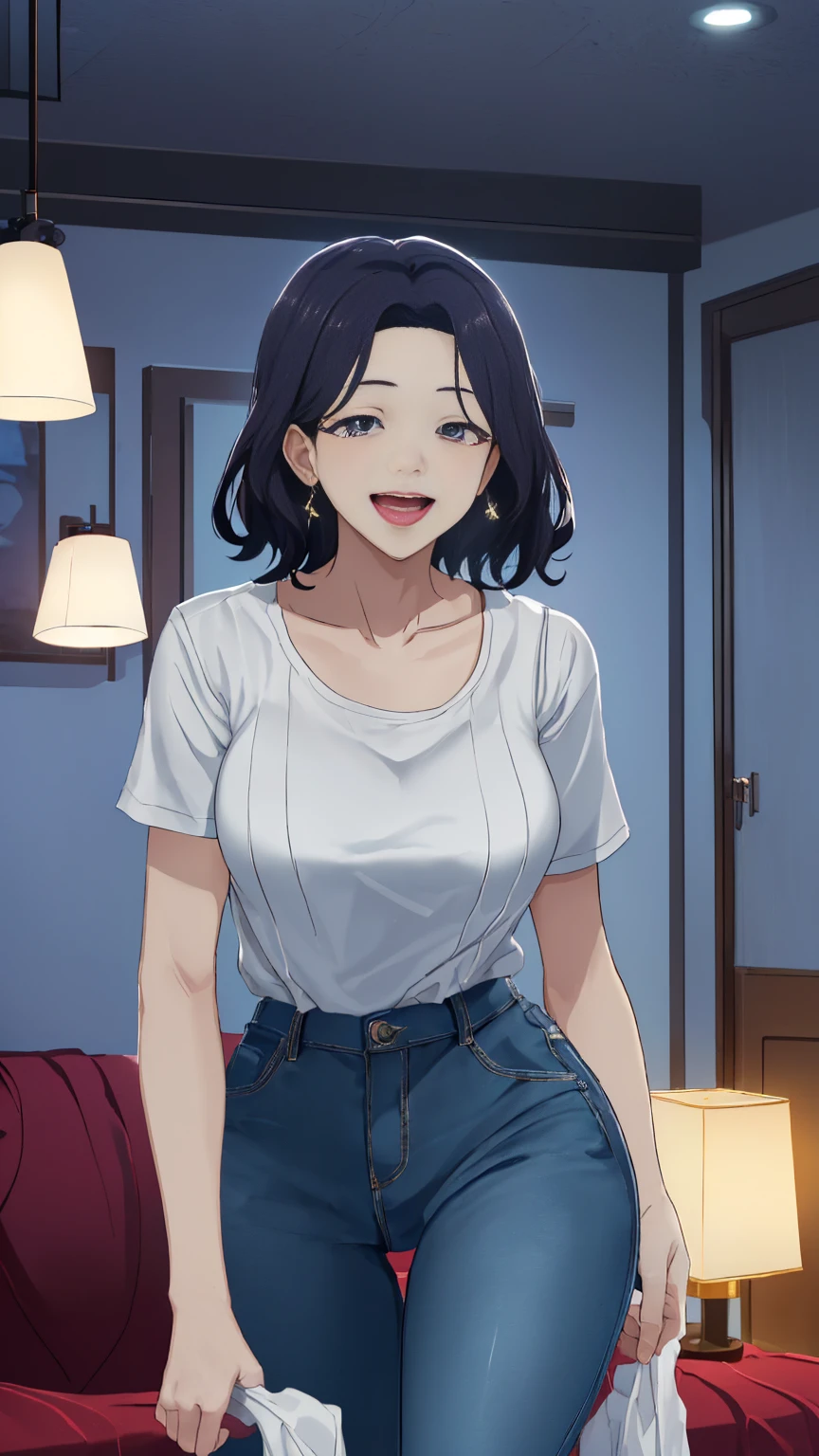 20 years old,1 girl, extremely thick thighs, hyperrealistic, 8k, (extremely detailed 8k), (very delicate and beautiful), (masterpiece), (better quality:1.0), (ultra high resolution:1.0), (masterpiece, best quality), cute,black hair,laugh with open mouth,gleaming skin,, short sleeve shirt,short denim pants,leaning forward,upper body,from the front,looking back、 large white mask、latex white rubber gloves 、Put on an apron、

 detailed background 、Elaborate Background,  aerial perspective , Reality,  super detailed , 


(night:1.8, Desaturated lighting、 ambient lighting:1.3,  the room with the lights off:1.8、 Love Hotel :1.8,  Love Hotel のベッドルーム:1.8), 

 a room full of trash 、 messy room、Garbage is scattered、 troubled face