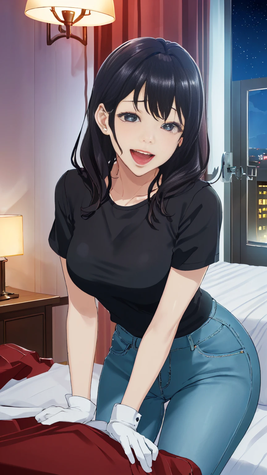 20 years old,1 girl, extremely thick thighs, hyperrealistic, 8k, (extremely detailed 8k), (very delicate and beautiful), (masterpiece), (better quality:1.0), (ultra high resolution:1.0), (masterpiece, best quality), cute,black hair,laugh with open mouth,gleaming skin,, short sleeve shirt,short denim pants,leaning forward,upper body,from the front,looking back、 large white mask、latex white rubber gloves 、Put on an apron、

 detailed background 、Elaborate Background,  aerial perspective , Reality,  super detailed , 


(night:1.8, Desaturated lighting、 ambient lighting:1.3,  the room with the lights off:1.8、 Love Hotel :1.8,  Love Hotel のベッドルーム:1.8), 

 a room full of trash 、 messy room、Garbage is scattered、 troubled face