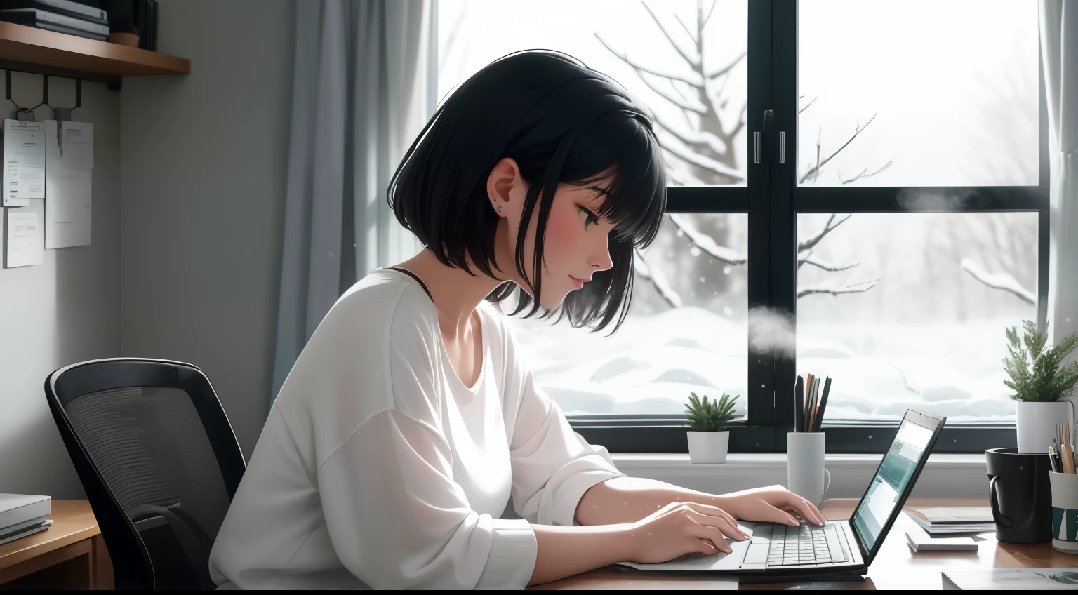 "A woman with short ombre hair transitioning from green to white sits at her desk, her hands actively typing on the keyboard as she focuses intently on the glowing computer screen. She is wearing a simple white round-neck shirt and black shorts, blending casual comfort with focus. The room is dimly lit by the soft light of the computer screen, and the desk is slightly cluttered with coding-related items, including a steaming cup of coffee. Outside the large window, snow gently falls, blanketing the landscape in white. The bright full moon and twinkling stars illuminate the serene winter night, while frost decorates the edges of the windowpane. The scene beautifully contrasts the warmth of her indoor workspace with the cold, tranquil beauty of the snowy night outside."