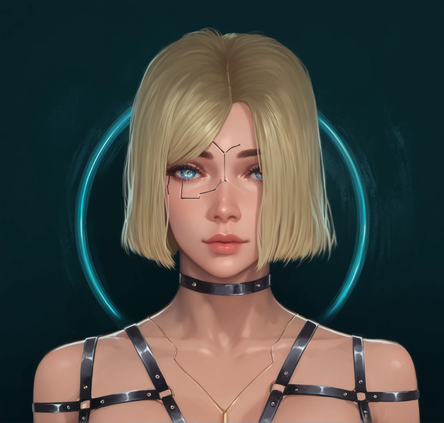  portrait of a cyber girl with implants, mechanical eyes ,  with a harness and an interesting background  