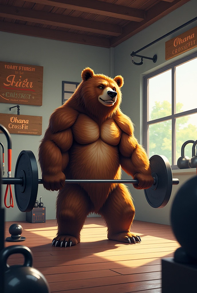 furry, fur taur, beartaur, middle-age, solo,1man, detailed face, bear ears, bear eyes(brown), bear nose(black), bear mouth, beard(grey), mature hair(grey), detailed arms, thick arms, muscular, thick hands(5 fingers), detailed body belly, thick body, muscle belly(white), thick chest, chest hair(white), nipples, detailed taur body, thick taur body, thick bear paws, thick bear tail, full body shot, standing in the gym