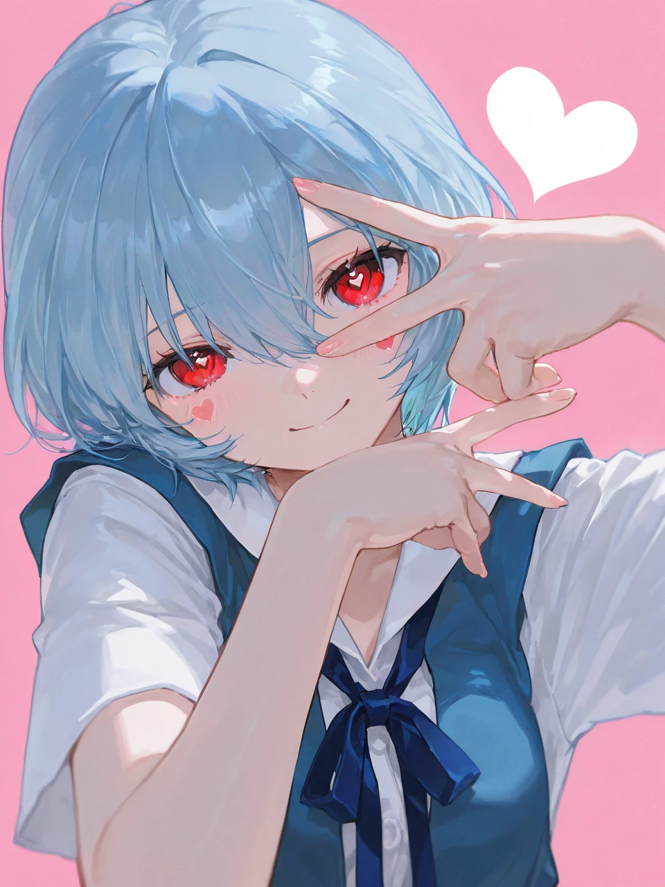 (masterpiece,  top quality ),     1 girl,  heart face mark  ,  v over eye    ,,    Neon Genesis Evangelion 、   Rei Ayanami、 blue hair、 short hair、 red eyes、 high school uniform 、  blue uniform  、  smile、    raise your hand, fingertip 、  