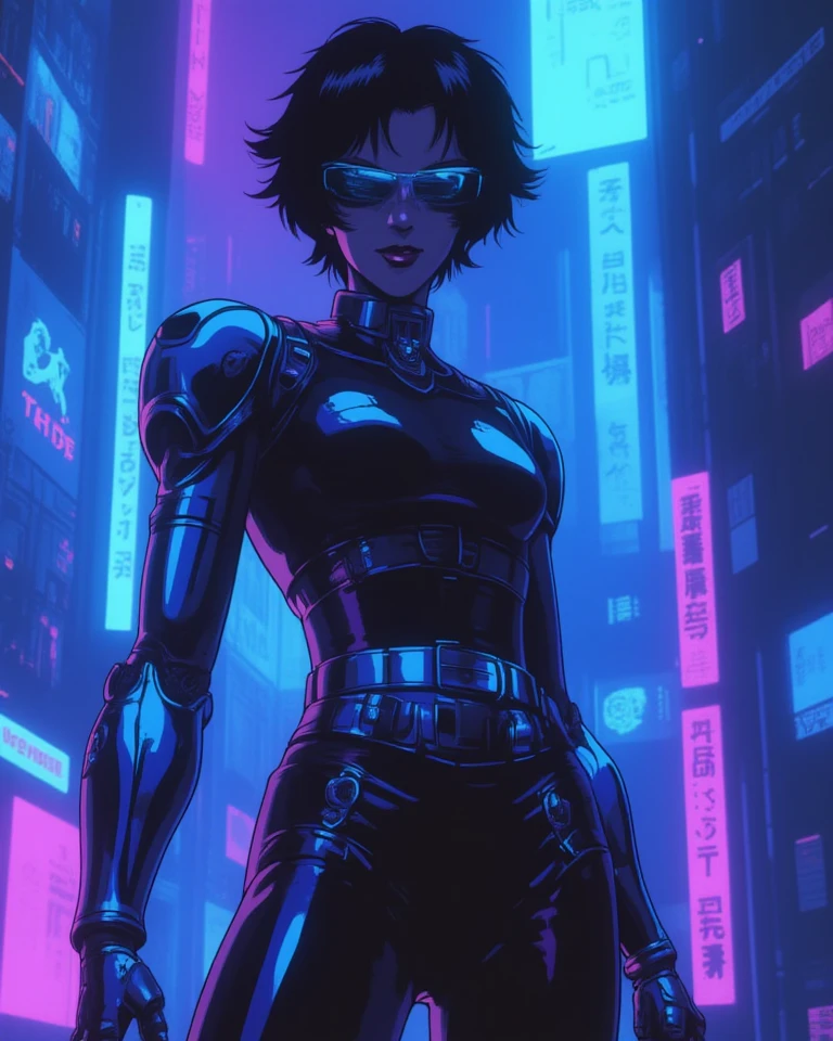 "Retro Chrome Guardian": A female cyborg adorned with gleaming robotic limbs and a dark retro outfit stands in a futuristic metropolis drenched in electric blues and purples. The dramatic composition captures her powerful stance, as neon halftone reflections ripple across her figure.