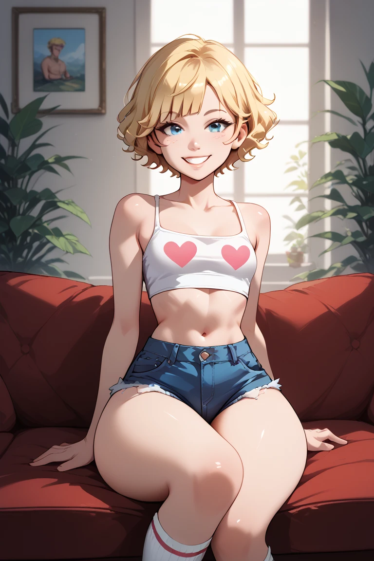 A normal human looking female boy, short blonde hair, blonde boy, curly hair boy, perfect human nose, fair skin, wide waist and ass, thick thighs, white 7x8 socks, mini denim shorts, white crop top, sexy smile, making heart with hands. boy sitting on sofa.