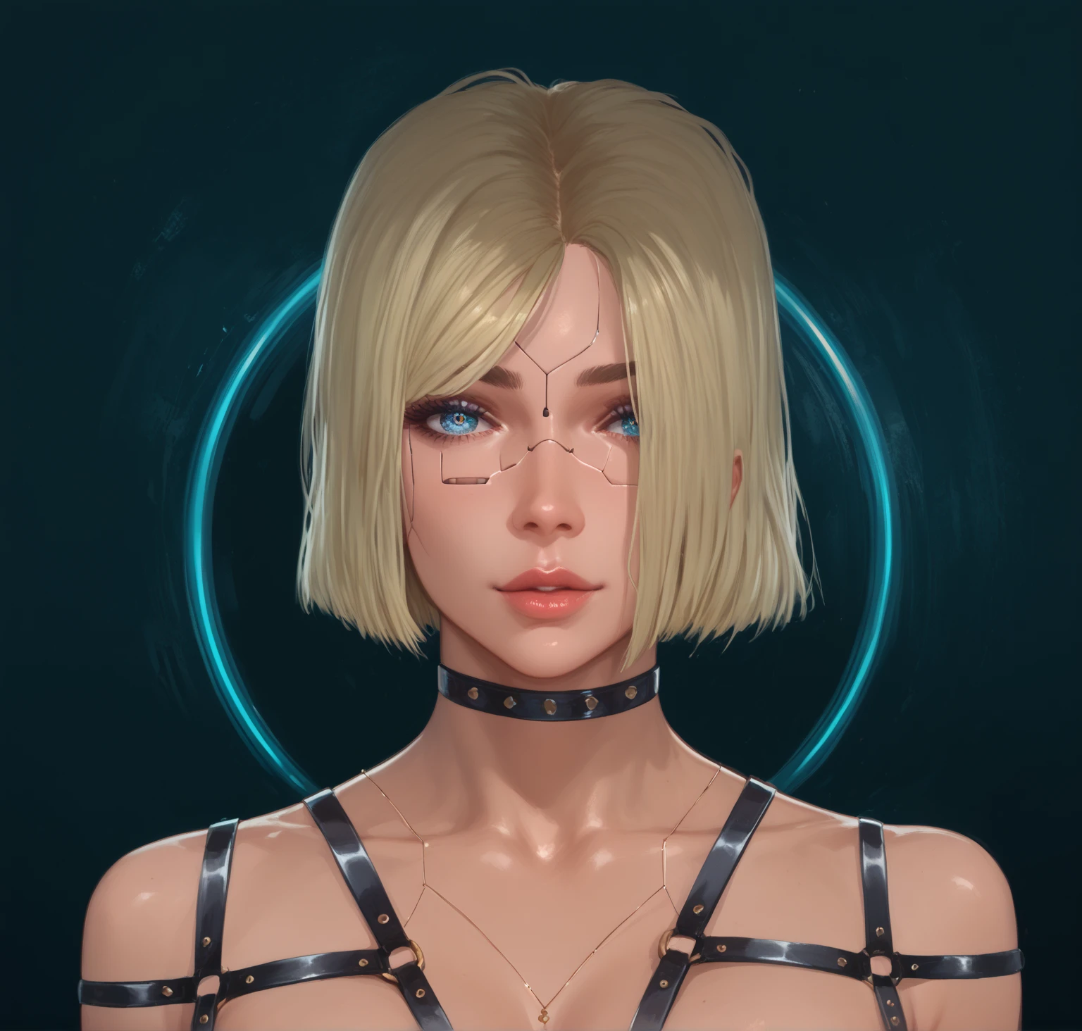  portrait of a cyber girl with implants, mechanical eyes ,  with a harness and an interesting background  