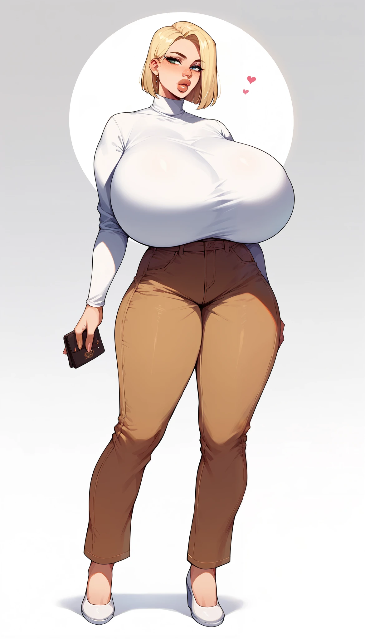 Full body image, white woman, pointy nose, skinny woman, big lips, plump lips, blonde bob cut, sleek hair, HyperSag, huge breasts, gigantic breasts, fully clothed, brown corduroy pants, white turtleneck