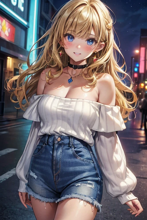fullnude, Full length image of a girl, absurderes, ultra-detailliert,bright colour,(At 8K:1.3),masuter piece,extremely beautiful detailed face and eyes, very skimpy clothes, lace underwear, full-length photo of a girl,(Deep Blue Eyes:1.2),(Loose Size Pink Argyle Knit:1.4),(Short denim:1.2),Cute smile、Synchrosis Necklace、Stylish bracelets,Inside the boutique,(Full body:1.2) X-Hair,Aurora、city light、constellation、Crescent,intergalactic,lamp post, Particles of light, milkyway, natta, nigh sky, outside of house, planetes, Power lines, shooting stars, Skysky, Skyscraper, 独奏、Stargazing,Star_\(skyporn\)、starrysky、Winters、(Smooth straight blonde hair:1.3), (Shiny hair:1.2), Delicate beautiful face, red blush、