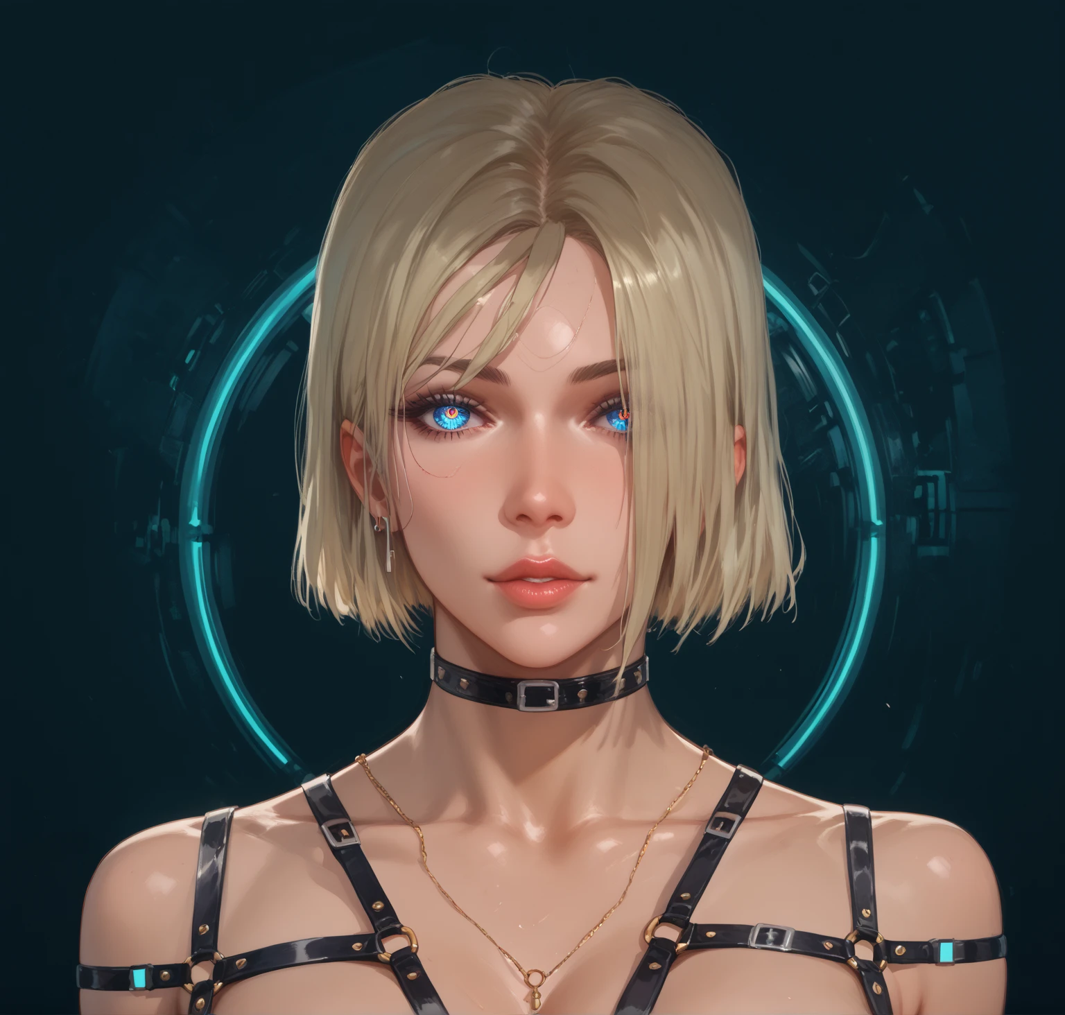  portrait of a cyber girl with implants, mechanical eyes ,  with a harness and an interesting background  