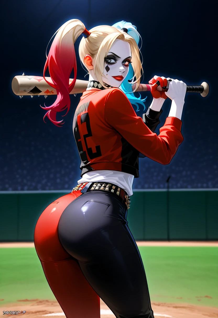 score_8_above, 
ass saboveport, female,  holding a baseball bat , harley quinn,  looking at the viewer, 