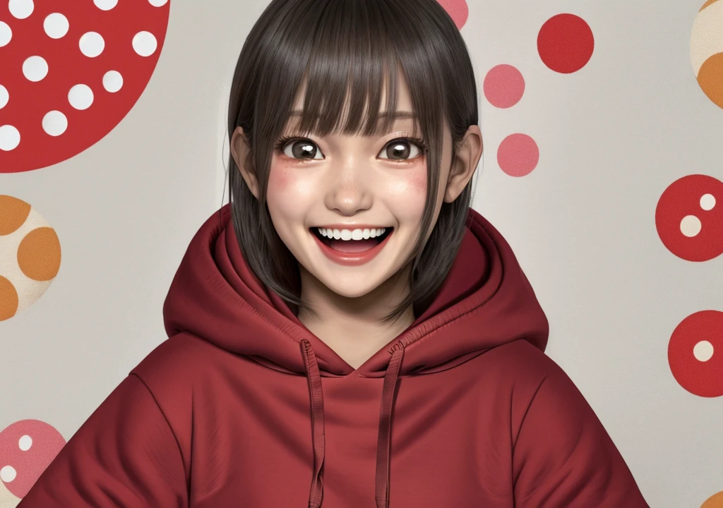 ChinatsuKano, 1girl, solo, looking at viewer, blush, smile, open mouth, long sleeves, :d, teeth, hood, medium hair,  username, sleeves past wrists, hoodie, upper teeth only, hood down, polka dot, polka dot background, red hoodie