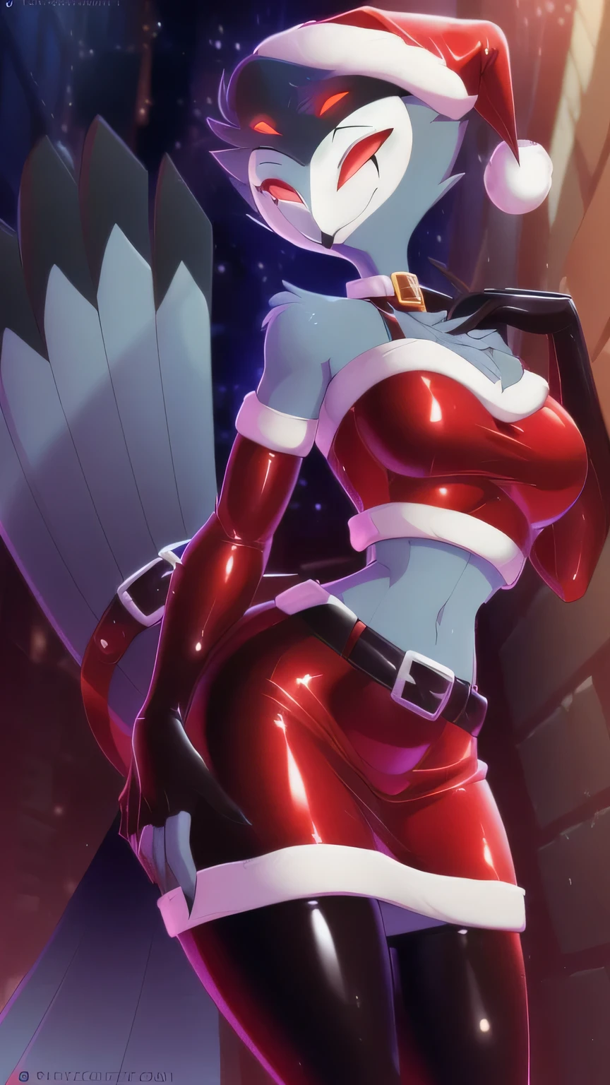 catmonkshiro (style), ((masterpiece)), ((8k quality)), (no watermark), stolas, female, sleek, long tail feathers, avian, avian tail, butt, solo, detailed alley, nighttime, looking at viewer, wide hips, smirking, shiny, slimy, medium featureless breasts, perfect body, inviting eyes, butt, thighs, seductive pose, low angle view, tutututu, bare shoulders, belt, crop top, red latex pencil skirt, latex miniskirt, christmas_dress,fur trim, red latex fingerless gloves, midriff, santa costume, 