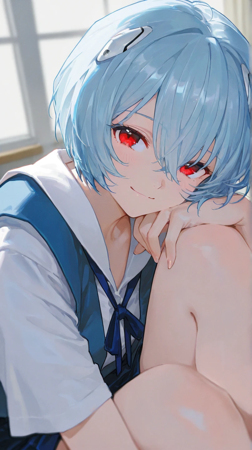 (masterpiece,  top quality ),     1 girl,     Neon Genesis Evangelion 、   Rei Ayanami、 blue hair、 short hair、 red eyes、 high school uniform 、  blue uniform  、  smile、   、  カウボーイショット, ハートの目