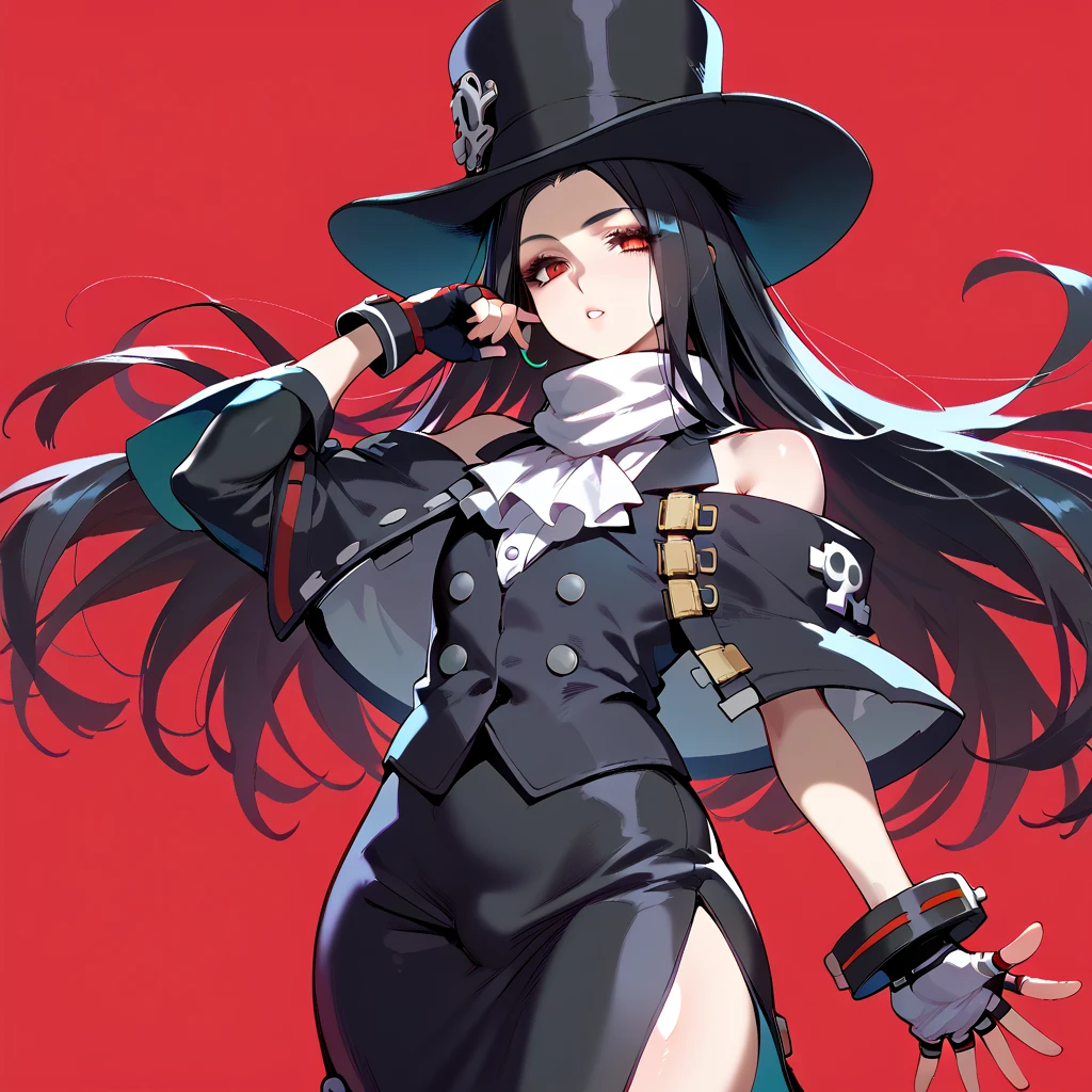 seductive poses, 1other, androgynous, looking at viewer, testament\(guilty gear\), o, black hair, red eyes, long hair, formal, BLACK SLEEVES, detachable sleeves, scarf, top hat, long black skirt, side slit, black vest, fingerless gloves, bare shoulders, asymmetrical gloves, single, bulge , erection