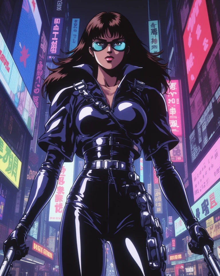 amano yoshitaka,  Art style by Noriyoshi Ohrai, Hajime Sorayama, Hiroshi Nagai, (Masterpiece, Top Quality, Super Deatail, High Resolution, Best Illustration),Art style by Richard Corben, Art style by Jim Starlin, Art style by Philippe Caza, (Masterpiece, Top Quality, Super Detail, High Resolution, Best Illustration), 1990s (style), 1980s (style), retro art style, Highest image quality, (Masterpiece, top quality, super detail, high resolution, best illustration), vintage, 1990s \(style\), dynamic angle, "Dystopian Neon Vigilante": A cinematic shot of a cyberpunk woman with a mix of gleaming chrome and smooth, human skin. She stands heroically in a sprawling urban setting drenched in 80s retro-futuristic neon lights and halftone billboards. Her outfit is edgy, contrasting with the vibrant electric hues of the dystopian skyline.