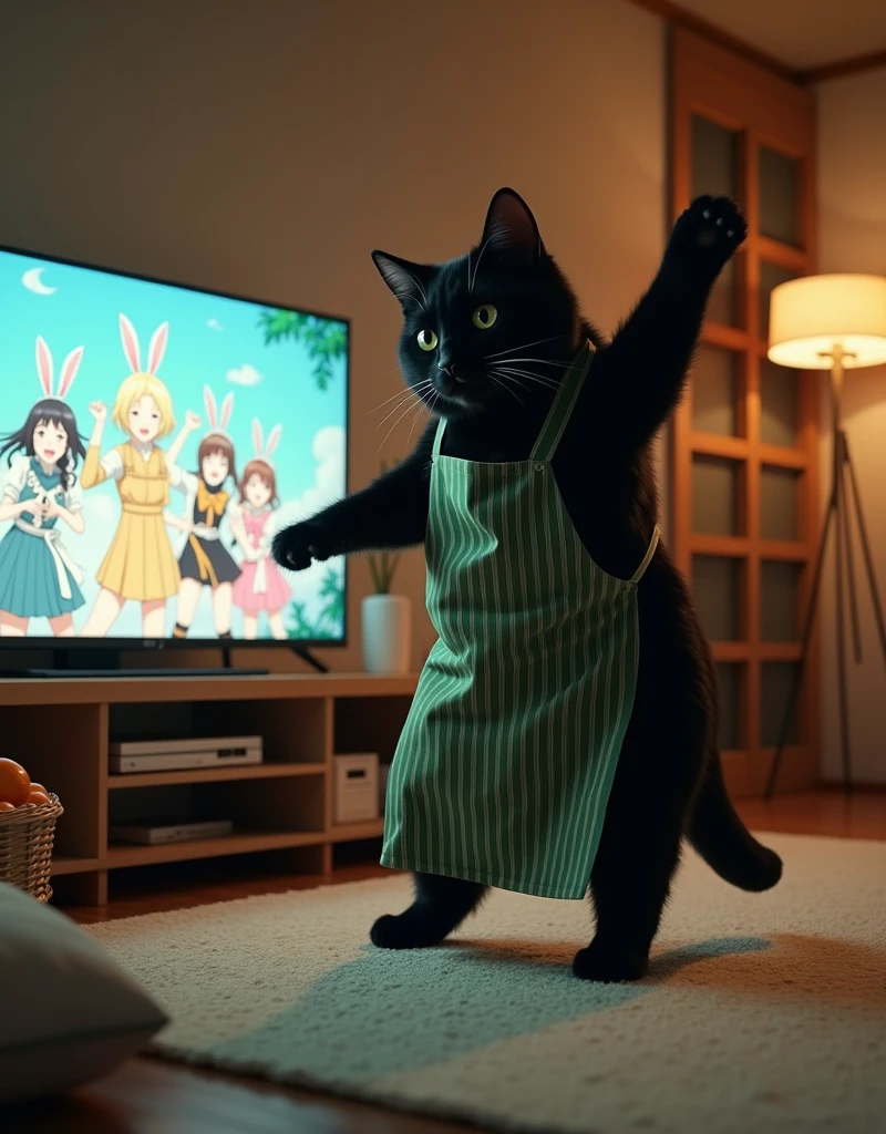 ultra-realistic, photorealistic, dramatic scene, shadow, global-illumination, the human-like giant black cat\(wearing a vertical striped green apron, black cat, dancing at the side of the low table that covered by a heavy blanket, watching TV and dancing identical to the idol on TV\), there is a low table fully covered with a light colored checked thick blanket on the large carpet in the stylish Japanese apartment room, a TV and shelf are in the room, the tv displays\(anime, cute anime, detailed big circle eyes, extra long curly haired, smile, 5 girls each colored extra long curly hair of pink and blue and silver and blonde and black with bunny's long ears, live performance of a cute young idol singer girl wearing a pastel colored dress, bunny's ears, happy smile, cute girls, singing on stage, spot lighting\), stylish furnishings, mandarin oranges in the basket is on the low table, in winter,