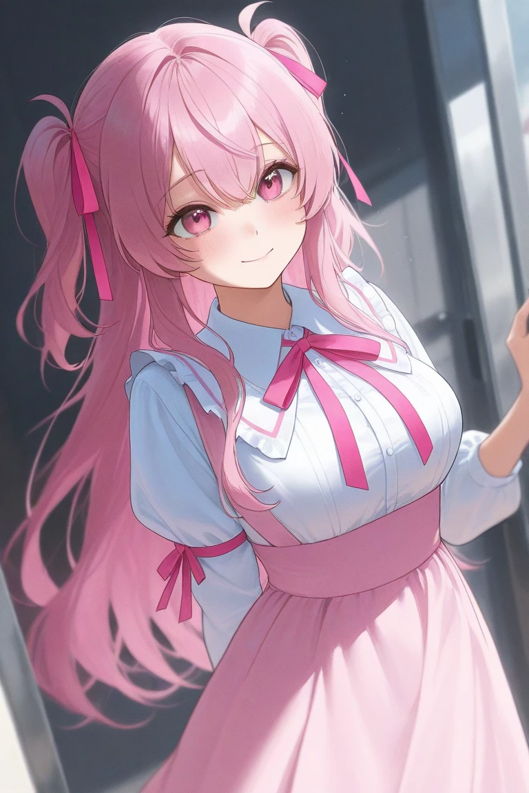 girl, cute anime girl, laughing, open mouth, beautiful hair style, pink hair, long hair, messy hair, big eyes, pink eyes, big tits, blushing, girl