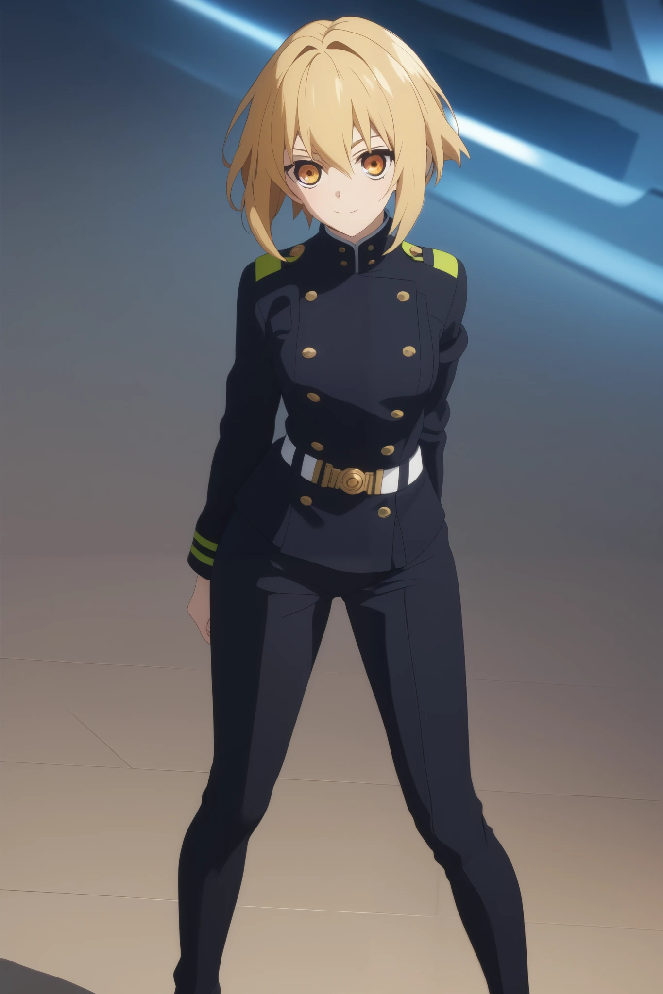 score_9, score_8_up, score_7_up, source_anime,  intricate details , (3d:0.4), ,  1 girl fights,  blonde , solo, female focus, светло-yellow hair,  amber eyes, big amber-colored eyes ,  short blond hair ,  hair between eyes,  sci-fi space opera, short bob hair , bangs, yellow hair, smile, blushed, black uniform, Breasts,  thin waist,  slender legs , trousers